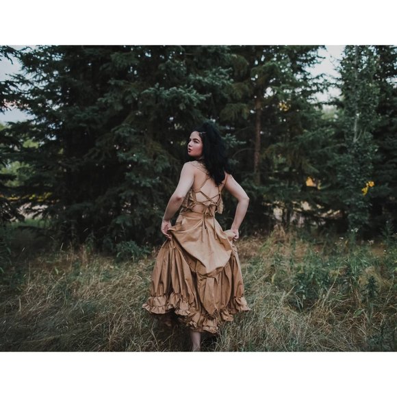 Vintage Women's Tan Victorian Boho Style Handmade Layered Ruffle Dress New - Picture 2 of 11